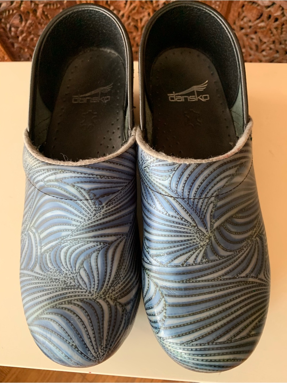 Dansko Light Blue Swirl Pattern Clogs